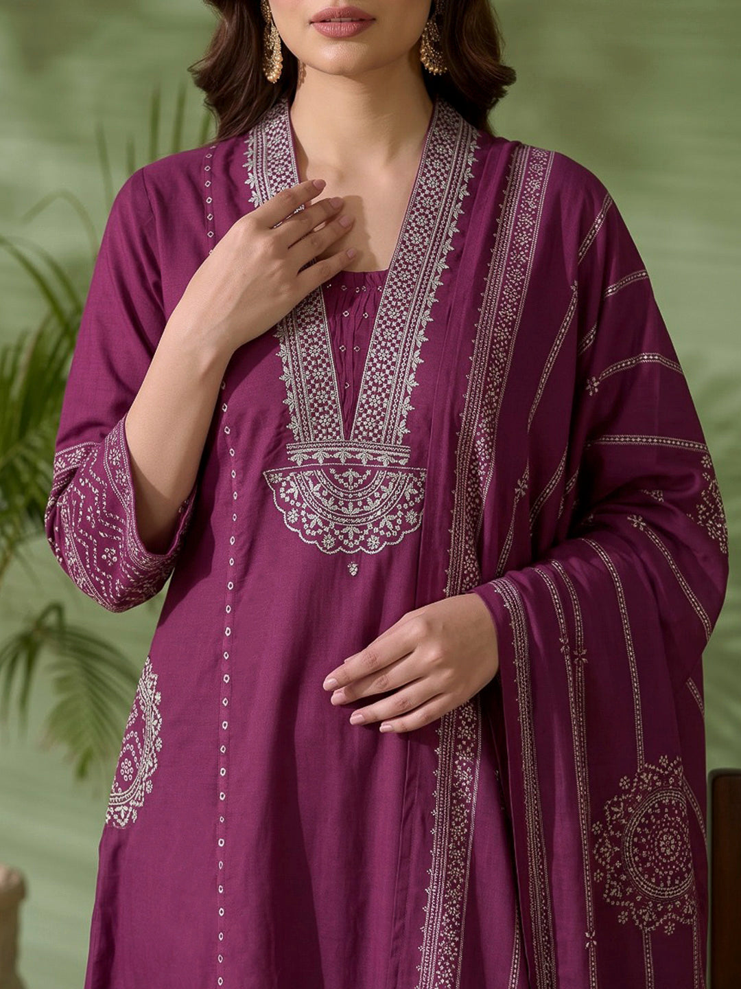 Maroon Printed Cotton Blend Kurta With Pant &amp; Dupatta