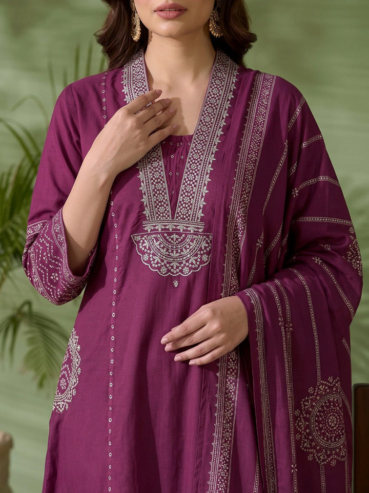 Maroon Printed Cotton Blend Kurta With Pant &amp; Dupatta