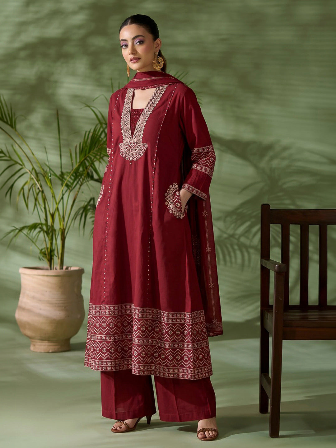 Red Printed Cotton Blend Kurta With Pant &amp; Dupatta