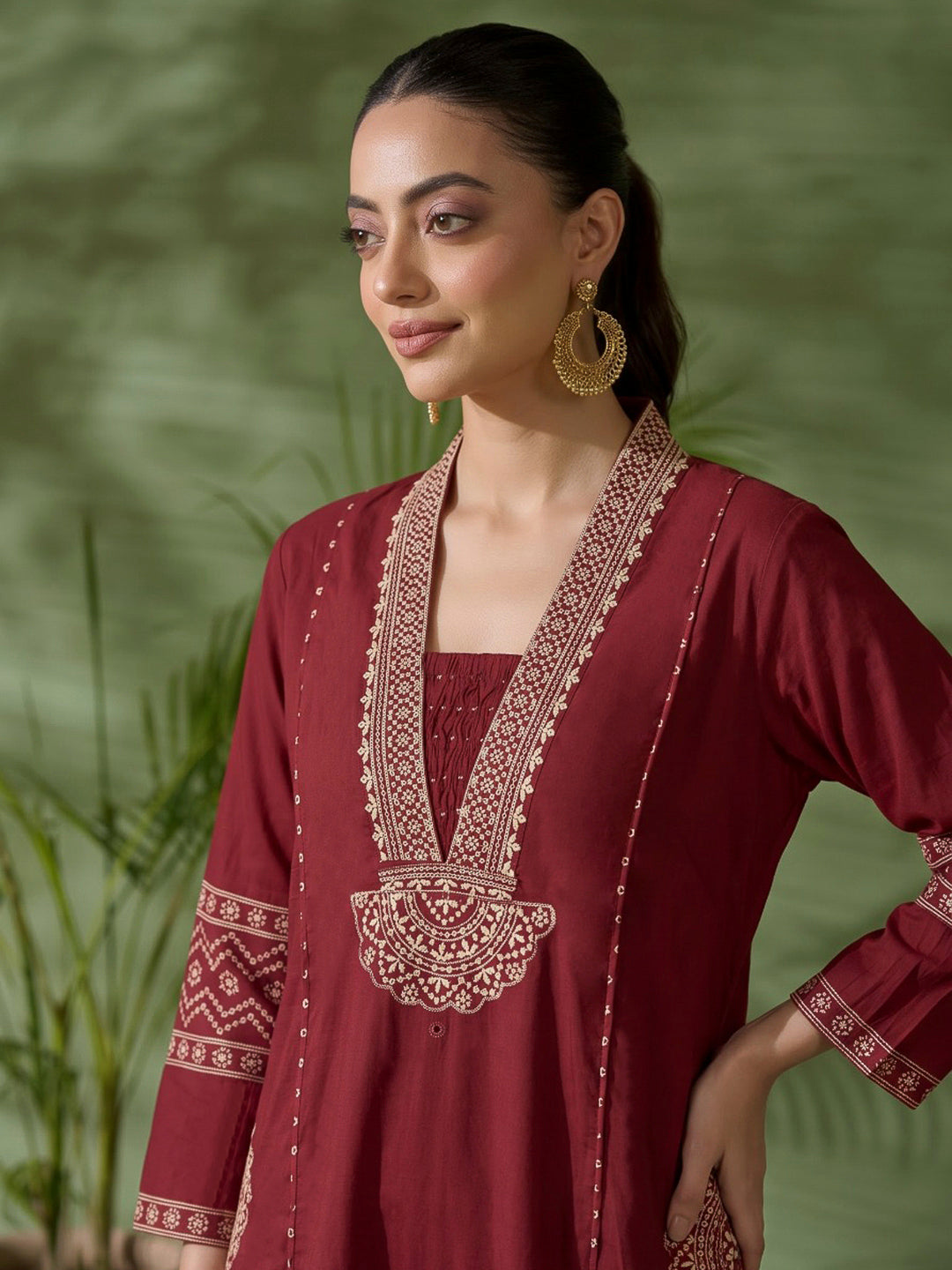 Red Printed Cotton Blend Kurta With Pant &amp; Dupatta