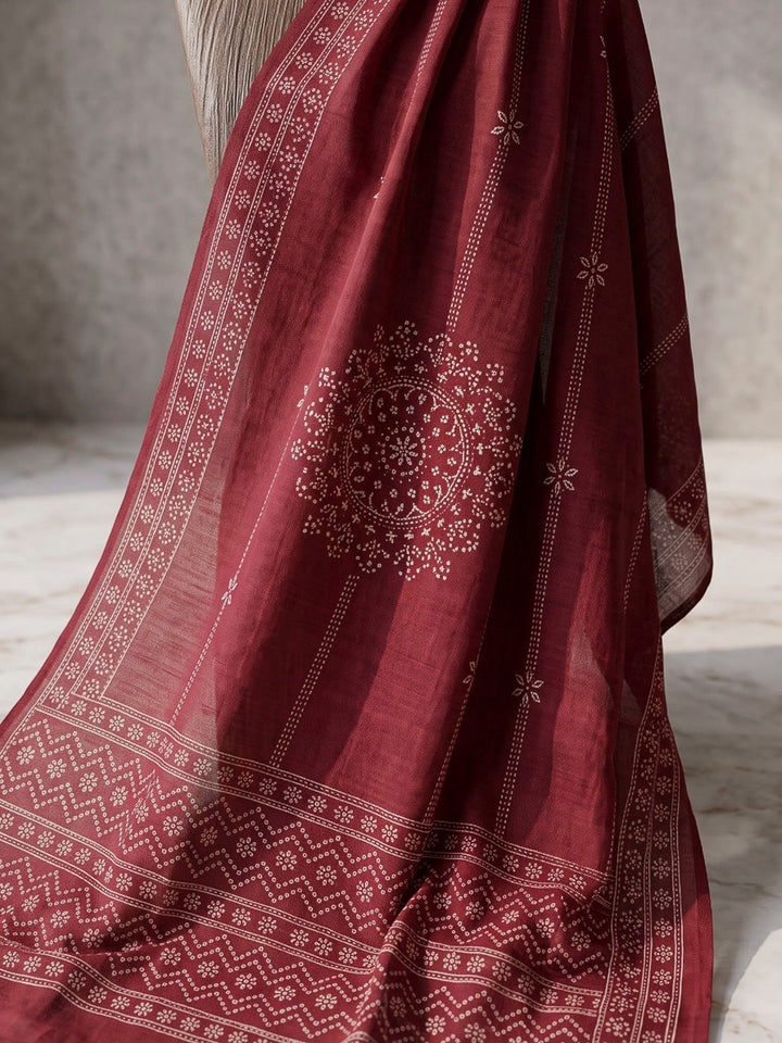 Red Printed Cotton Blend Kurta With Pant &amp; Dupatta