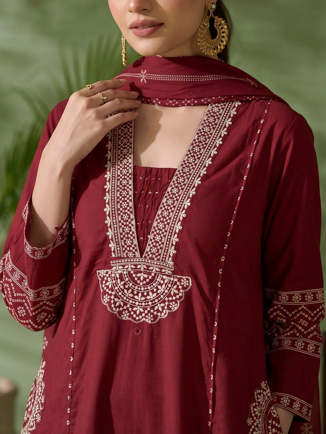 Red Printed Cotton Blend Kurta With Pant &amp; Dupatta