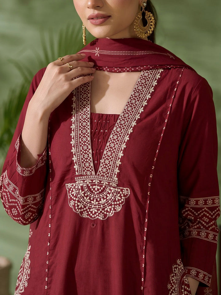 Red Printed Cotton Blend Kurta With Pant &amp; Dupatta
