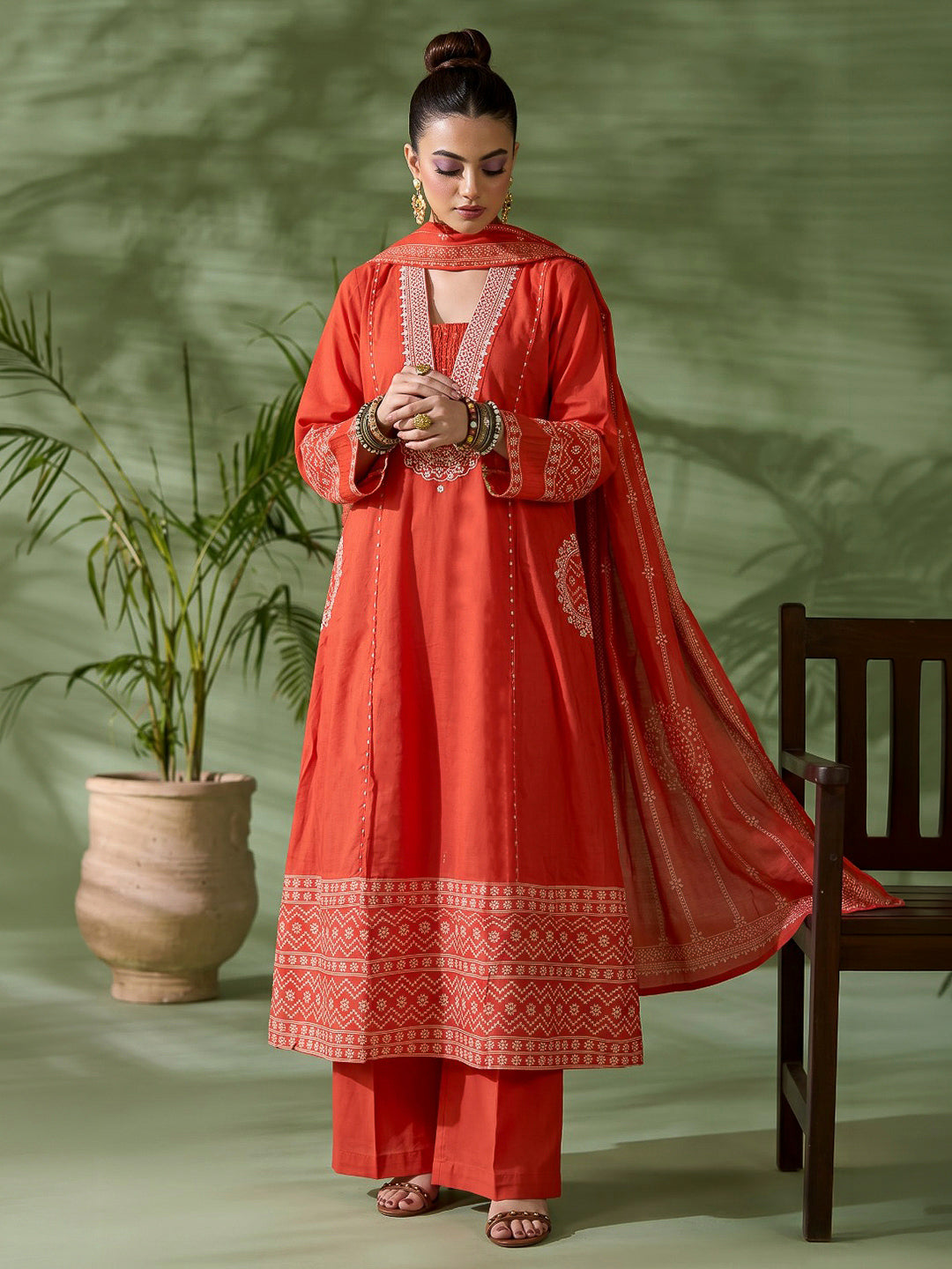 Rust Printed Cotton Blend Kurta With Pant &amp; Dupatta