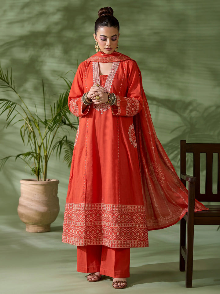 Rust Printed Cotton Blend Kurta With Pant &amp; Dupatta