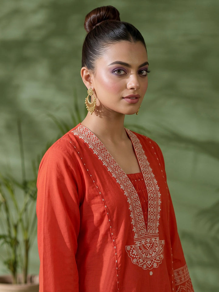 Rust Printed Cotton Blend Kurta With Pant &amp; Dupatta