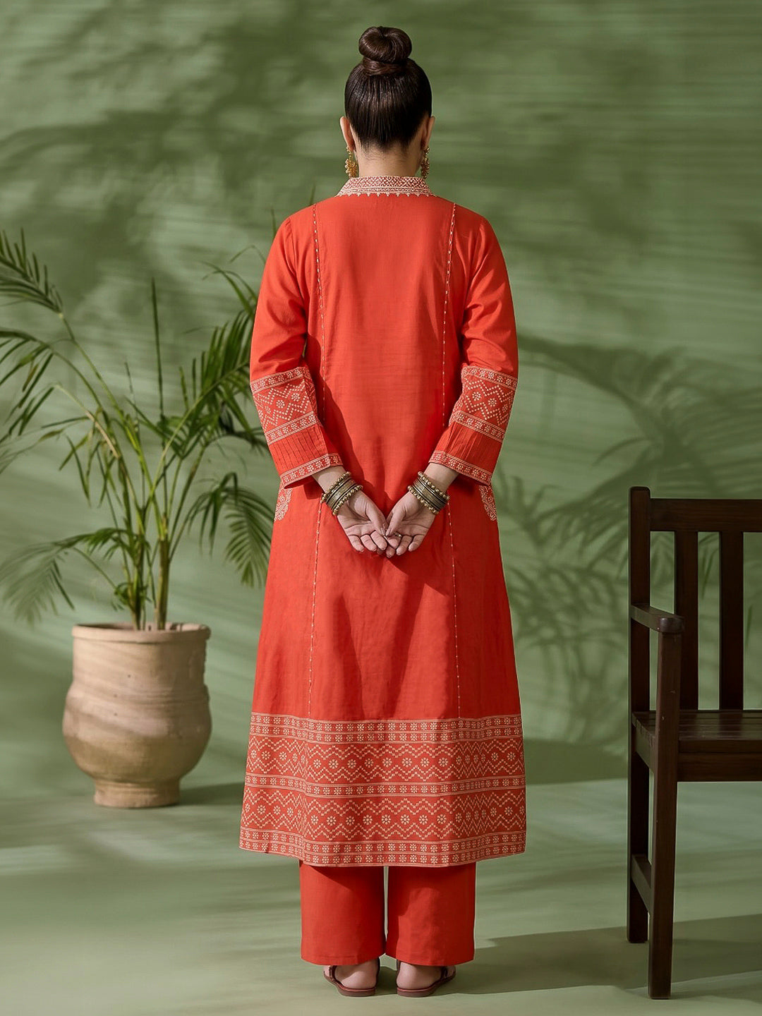 Rust Printed Cotton Blend Kurta With Pant &amp; Dupatta