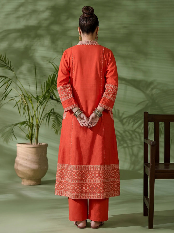 Rust Printed Cotton Blend Kurta With Pant &amp; Dupatta