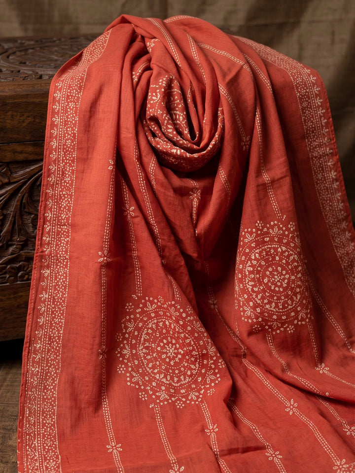 Rust Printed Cotton Blend Kurta With Pant &amp; Dupatta