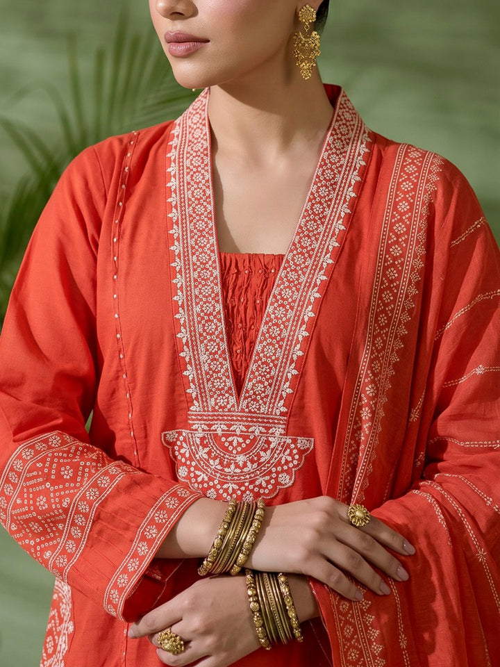 Rust Printed Cotton Blend Kurta With Pant &amp; Dupatta