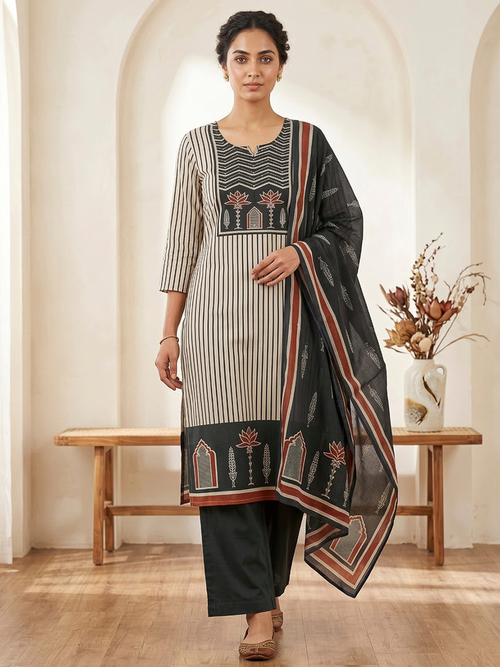Black Printed Cotton Blend Kurta With Pant &amp; Dupatta