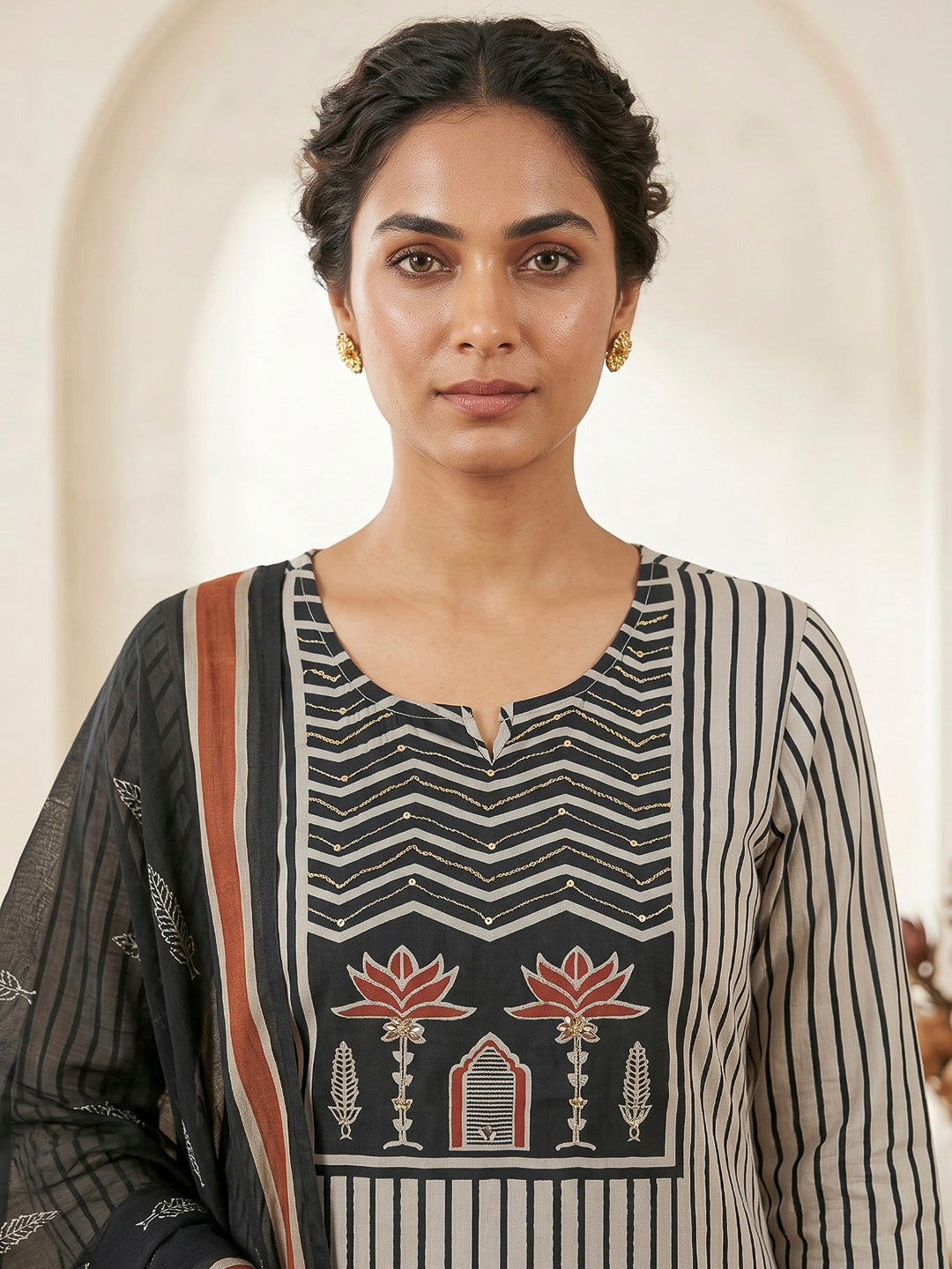 Black Printed Cotton Blend Kurta With Pant &amp; Dupatta