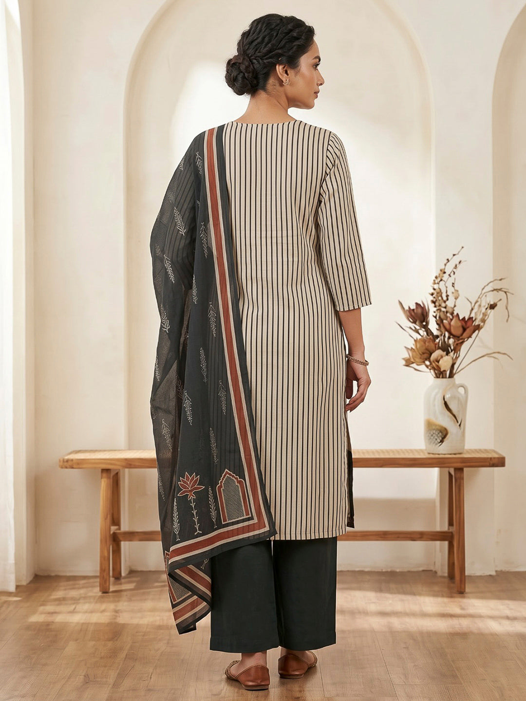 Black Printed Cotton Blend Kurta With Pant &amp; Dupatta