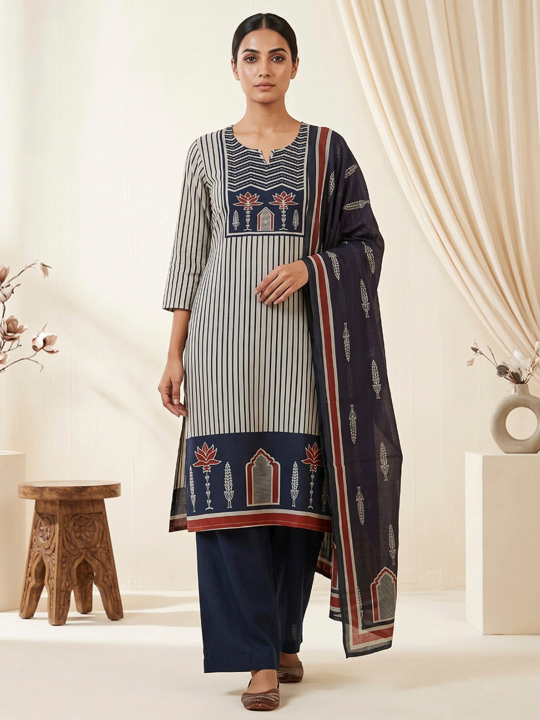 Blue Printed Cotton Blend Kurta With Pant &amp; Dupatta