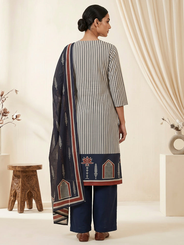 Blue Printed Cotton Blend Kurta With Pant &amp; Dupatta