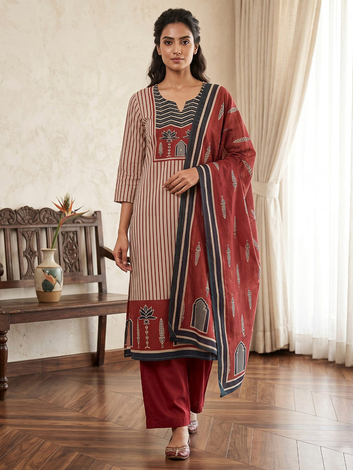 Maroon Printed Cotton Blend Kurta With Pant &amp; Dupatta