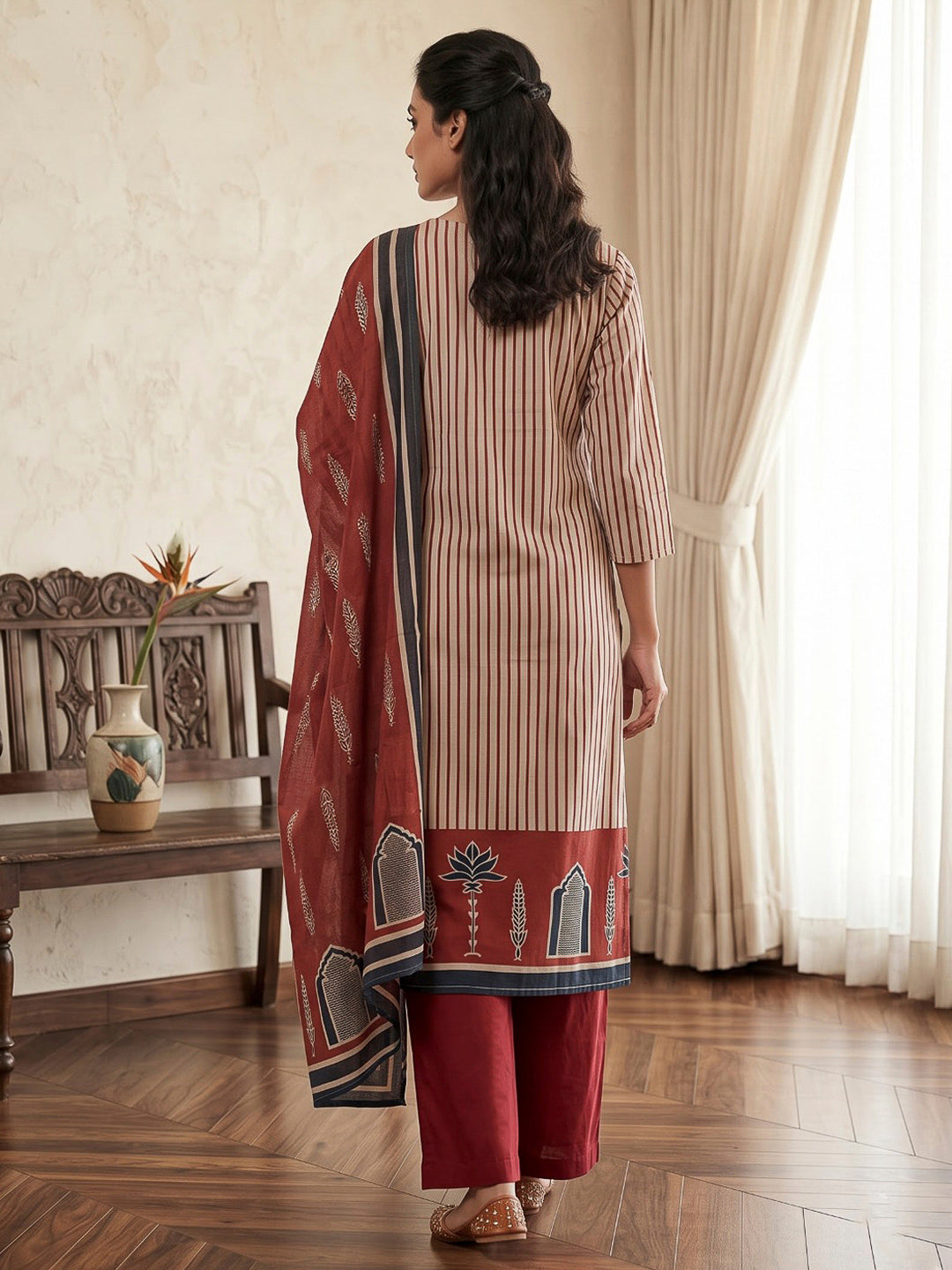 Maroon Printed Cotton Blend Kurta With Pant &amp; Dupatta
