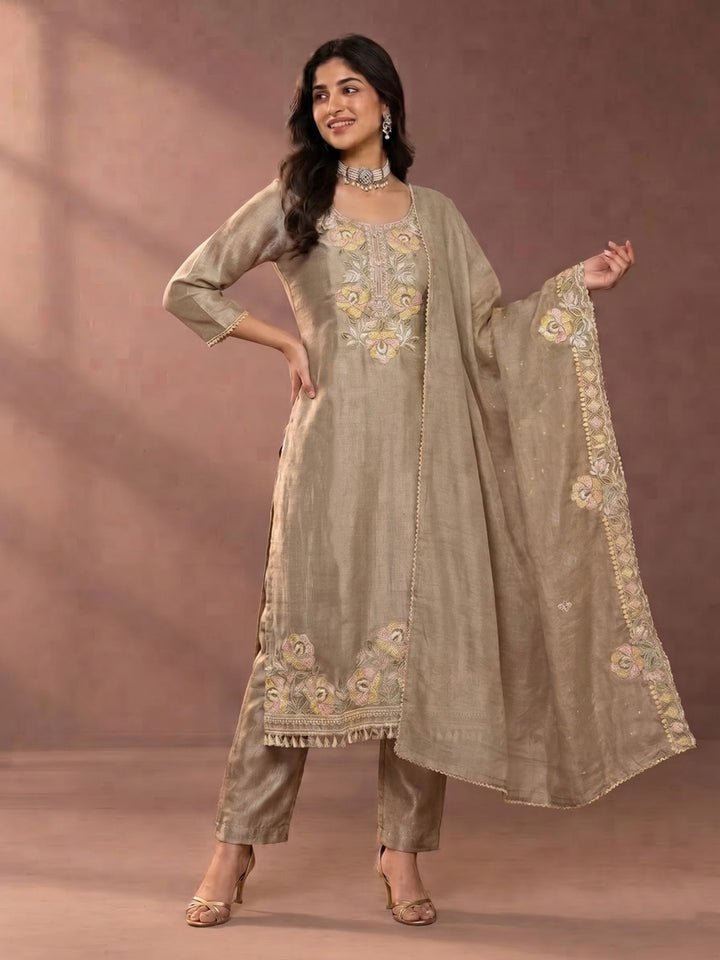 Beige Embroidered Tissue Kurta With Pant &amp; Dupatta