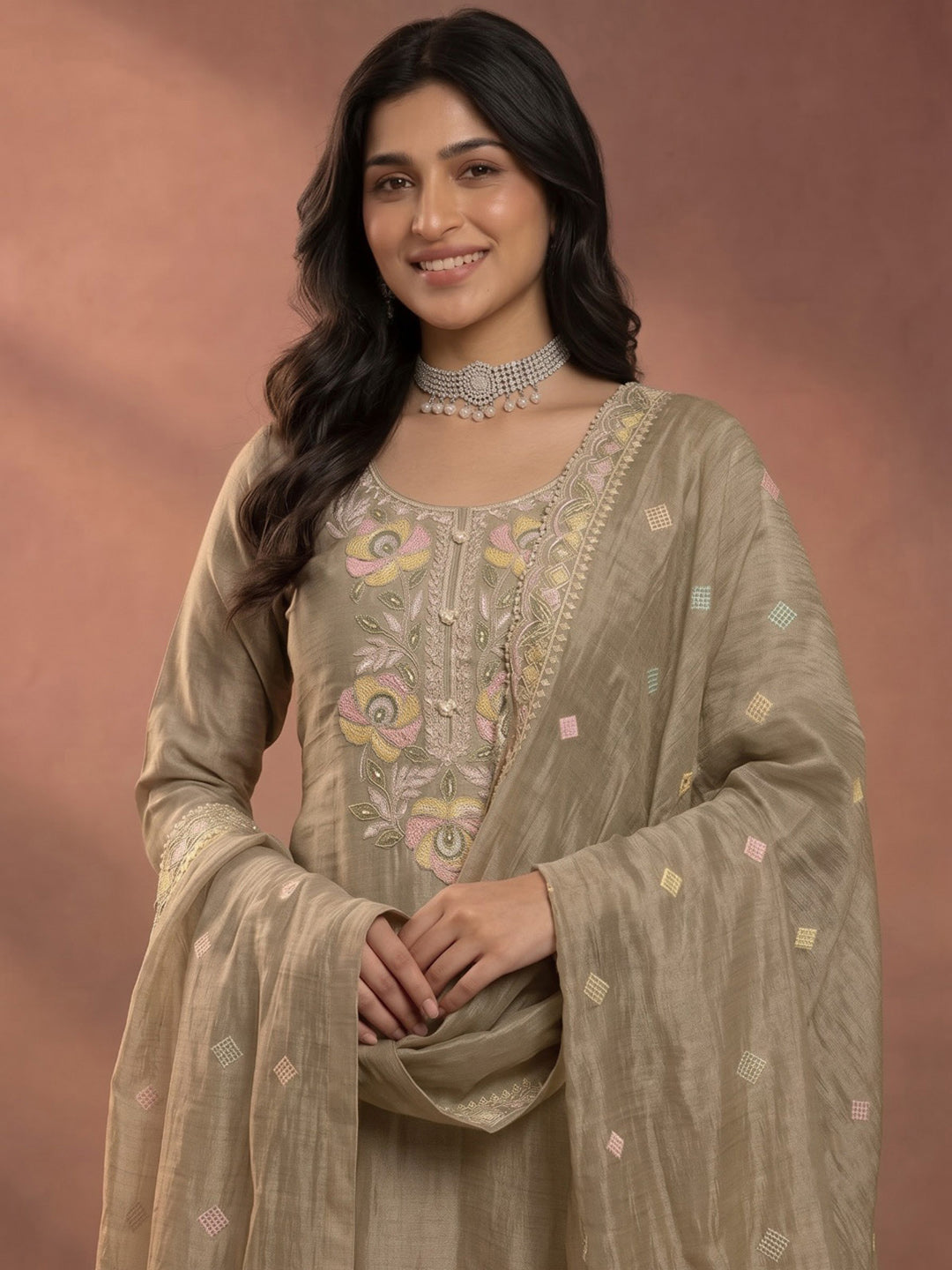 Beige Embroidered Tissue Kurta With Pant &amp; Dupatta