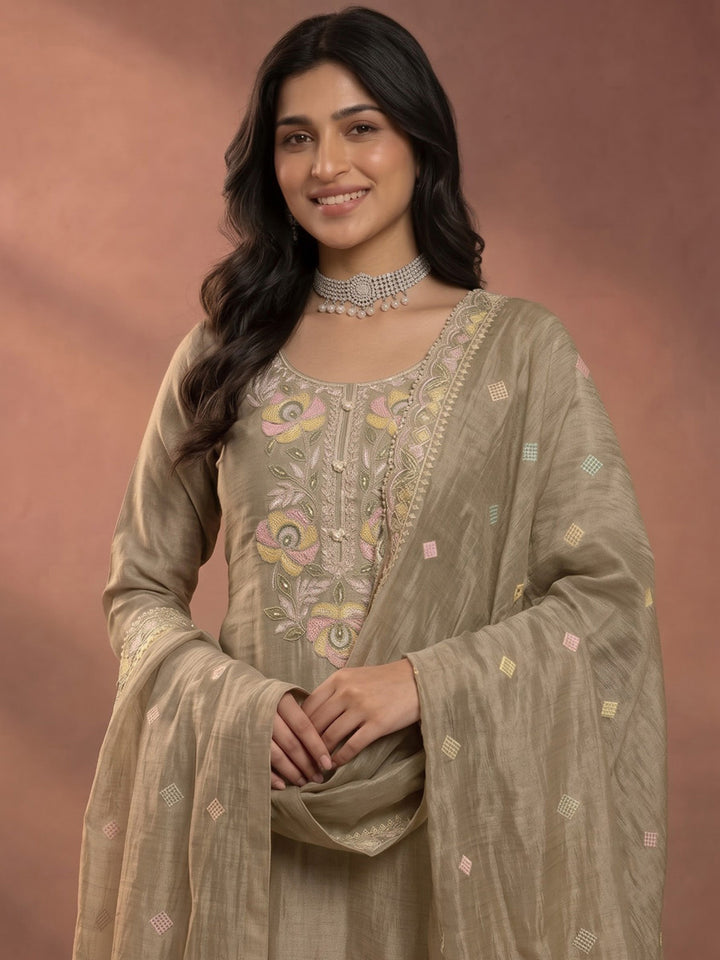 Beige Embroidered Tissue Kurta With Pant &amp; Dupatta