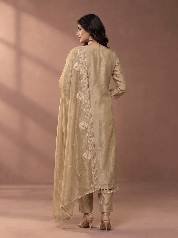 Beige Embroidered Tissue Kurta With Pant &amp; Dupatta