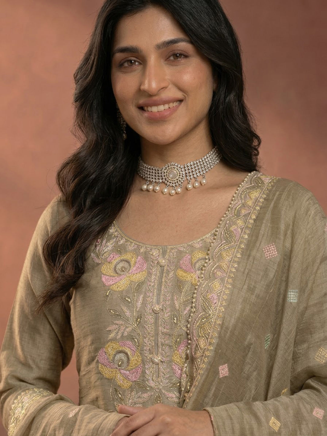 Beige Embroidered Tissue Kurta With Pant &amp; Dupatta