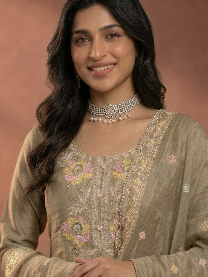 Beige Embroidered Tissue Kurta With Pant &amp; Dupatta