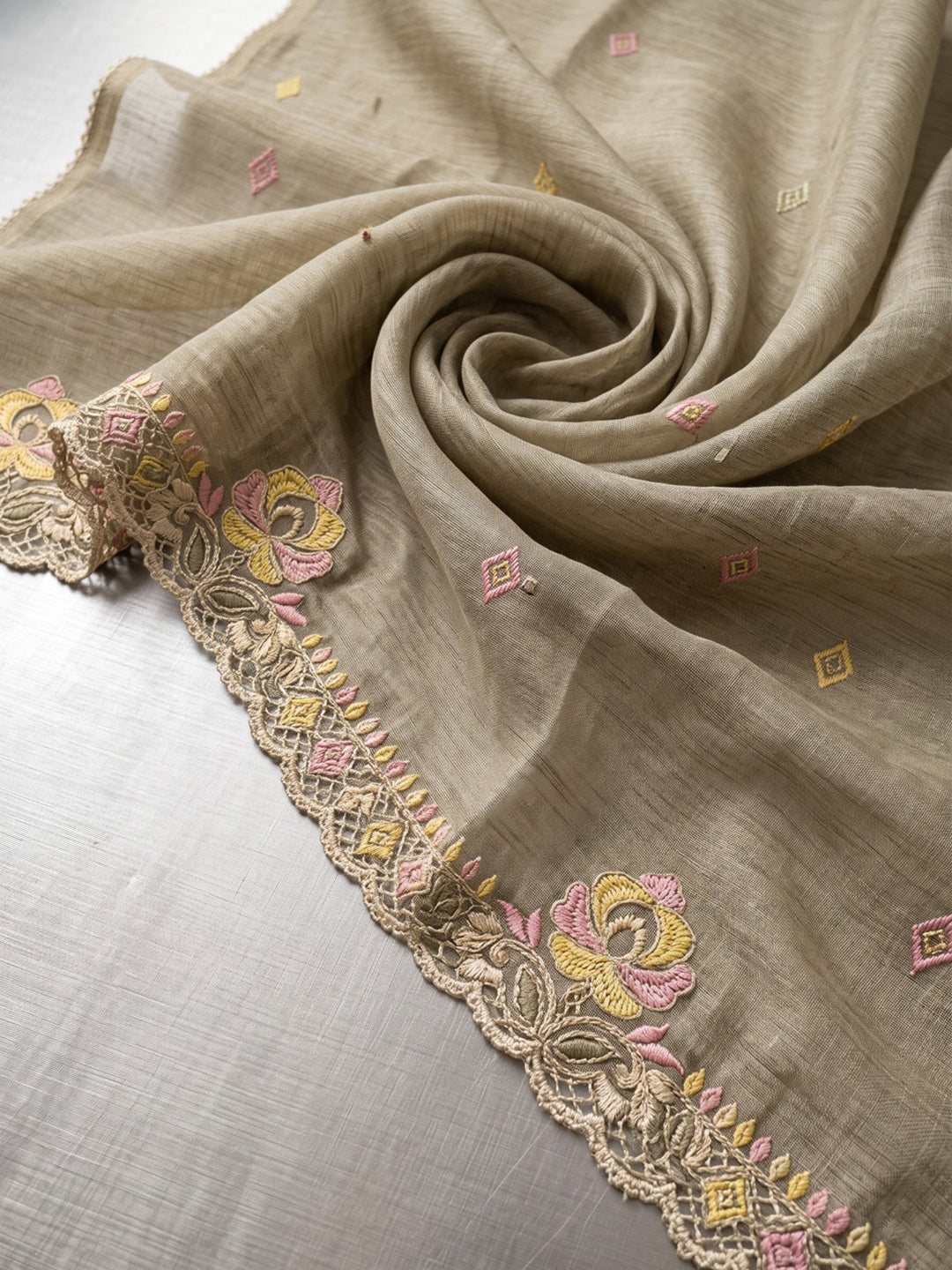 Beige Embroidered Tissue Kurta With Pant &amp; Dupatta