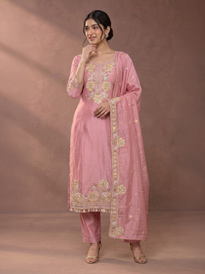 Pink Embroidered Tissue Kurta With Pant &amp; Dupatta