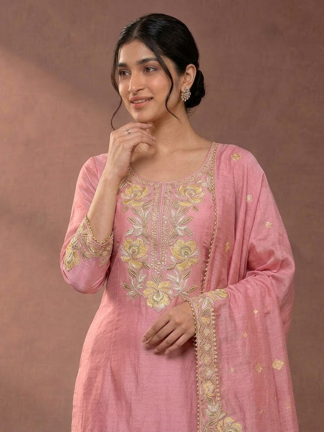 Pink Embroidered Tissue Kurta With Pant &amp; Dupatta