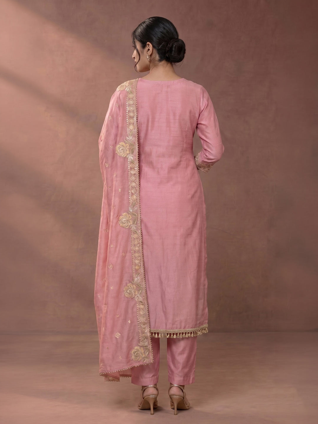Pink Embroidered Tissue Kurta With Pant &amp; Dupatta
