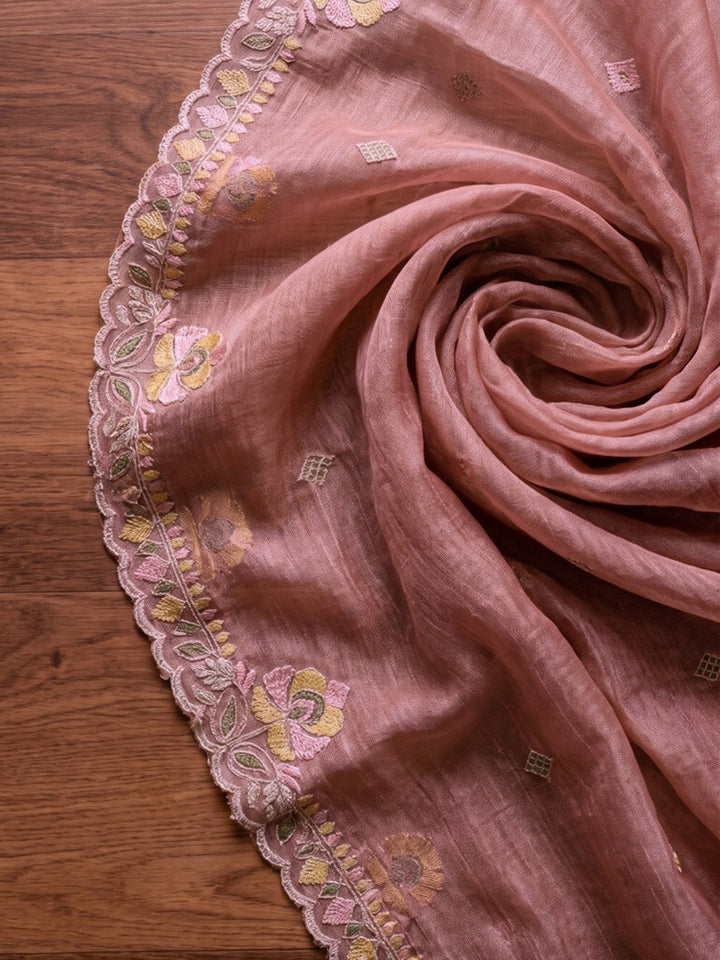 Pink Embroidered Tissue Kurta With Pant &amp; Dupatta