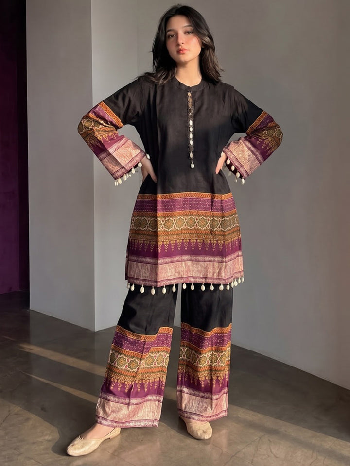 Black Printed Muslin Kurta Set
