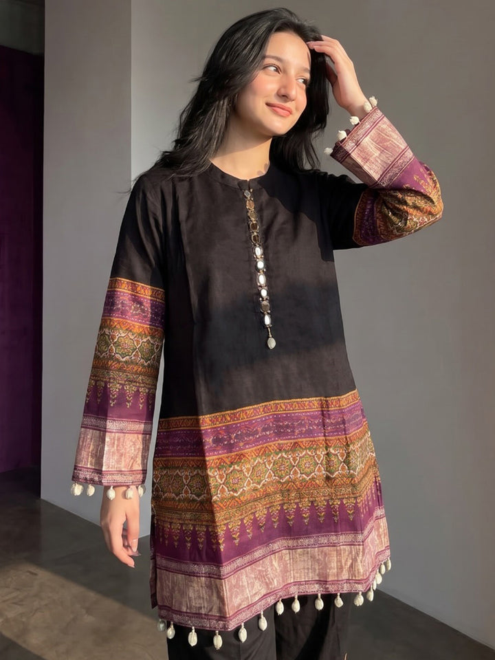 Black Printed Muslin Kurta Set