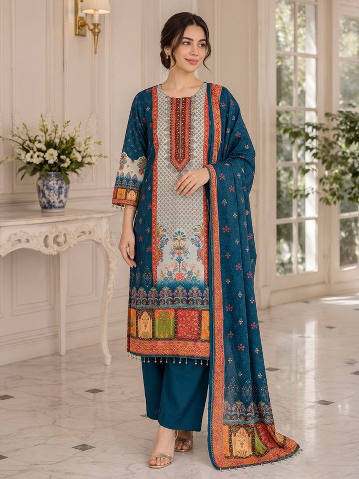 Blue Printed Muslin Kurta With Pant &amp; Dupatta