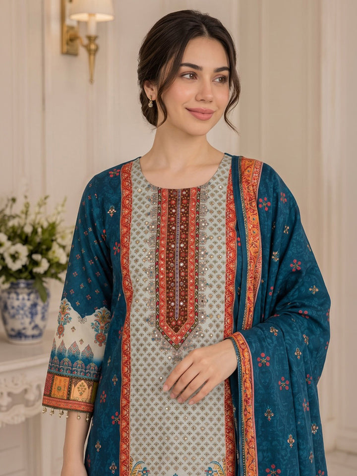 Blue Printed Muslin Kurta With Pant &amp; Dupatta