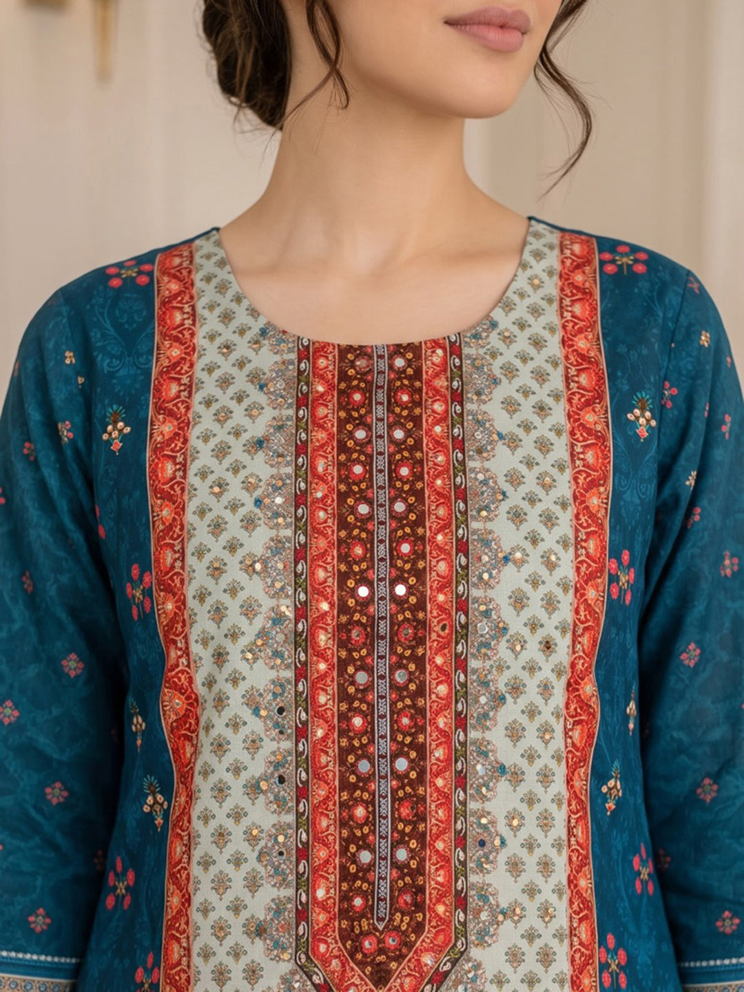 Blue Printed Muslin Kurta With Pant &amp; Dupatta