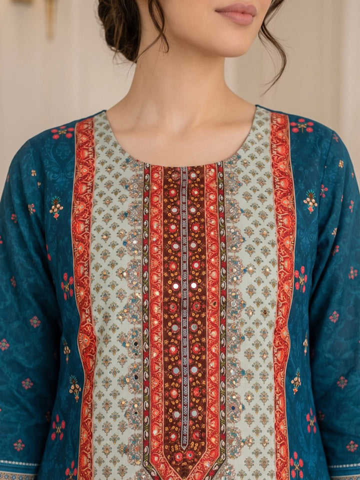 Blue Printed Muslin Kurta With Pant &amp; Dupatta