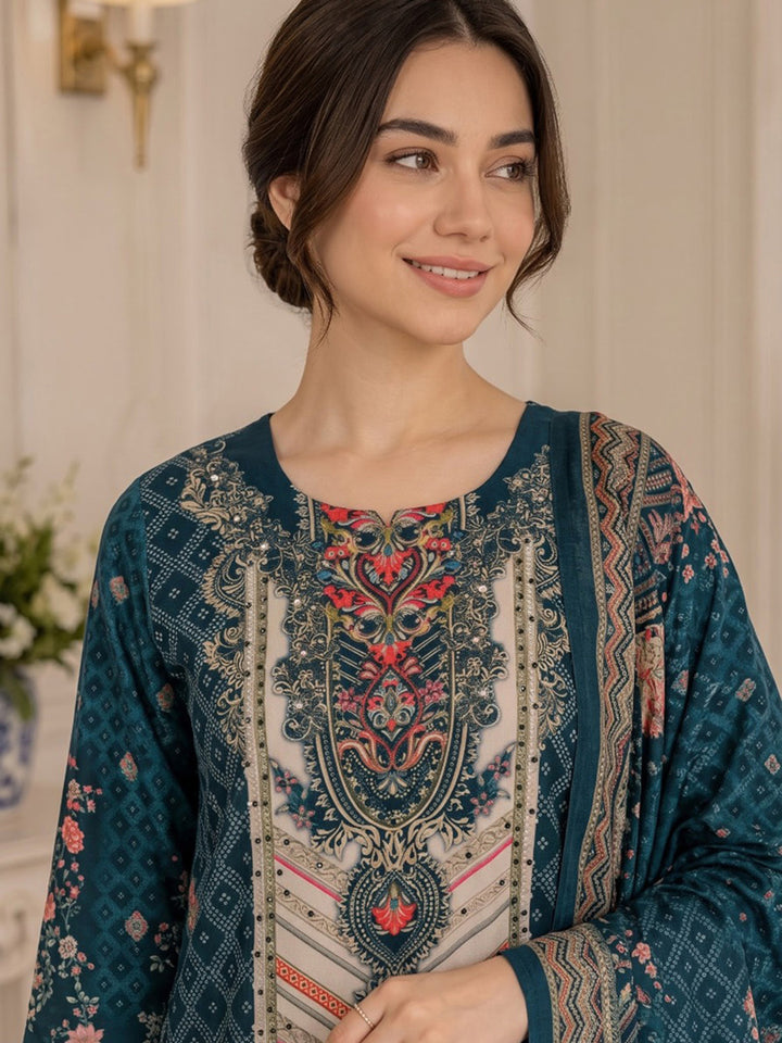 Blue Printed Muslin Kurta With Pant &amp; Dupatta