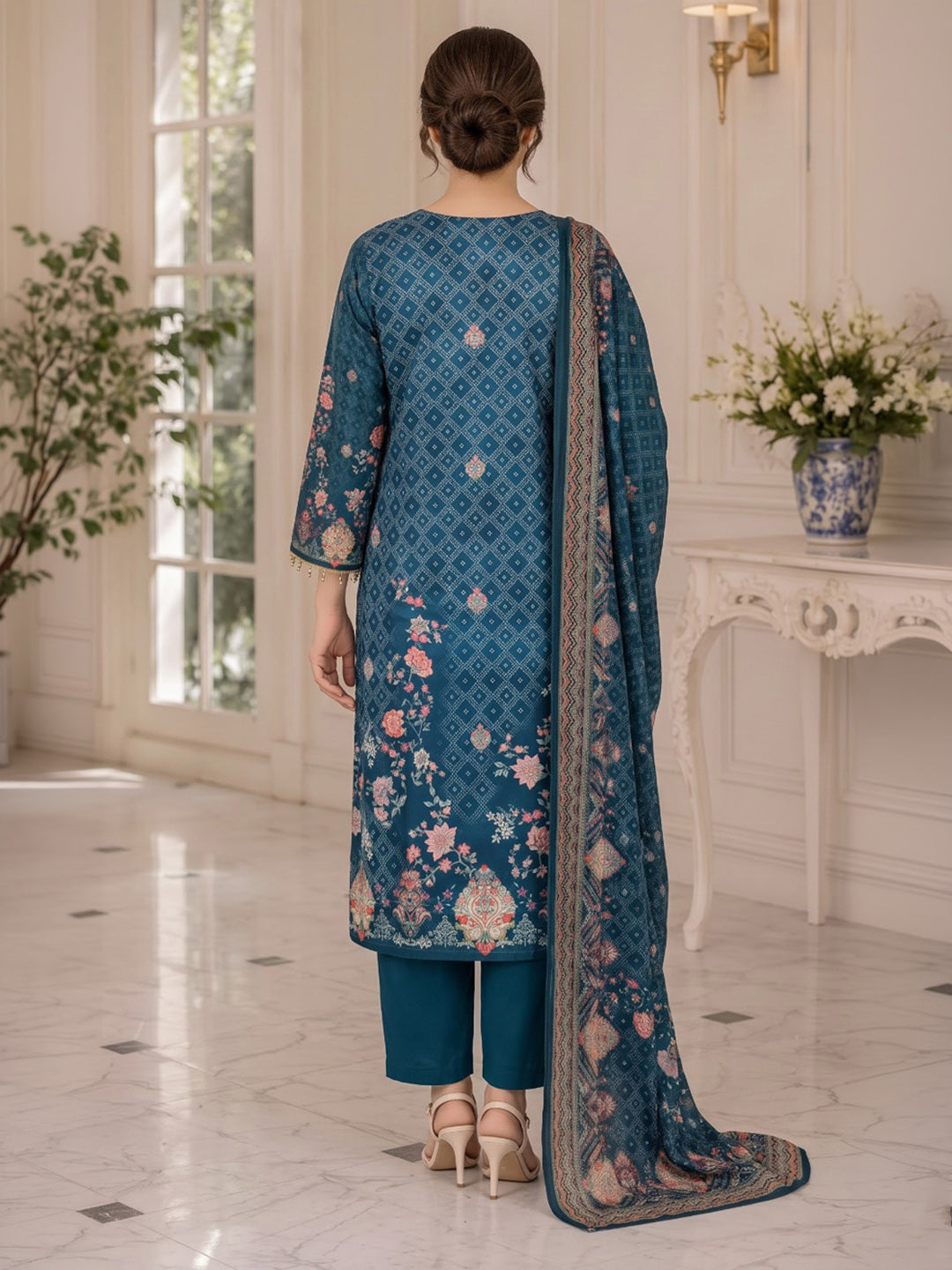 Blue Printed Muslin Kurta With Pant &amp; Dupatta