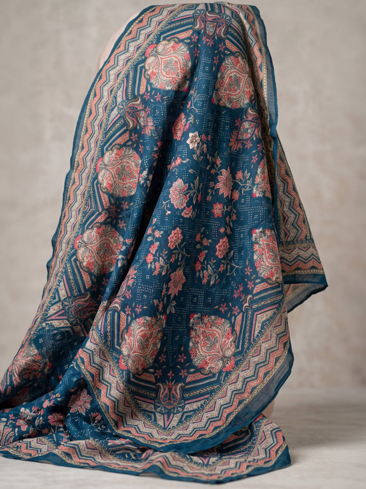 Blue Printed Muslin Kurta With Pant &amp; Dupatta