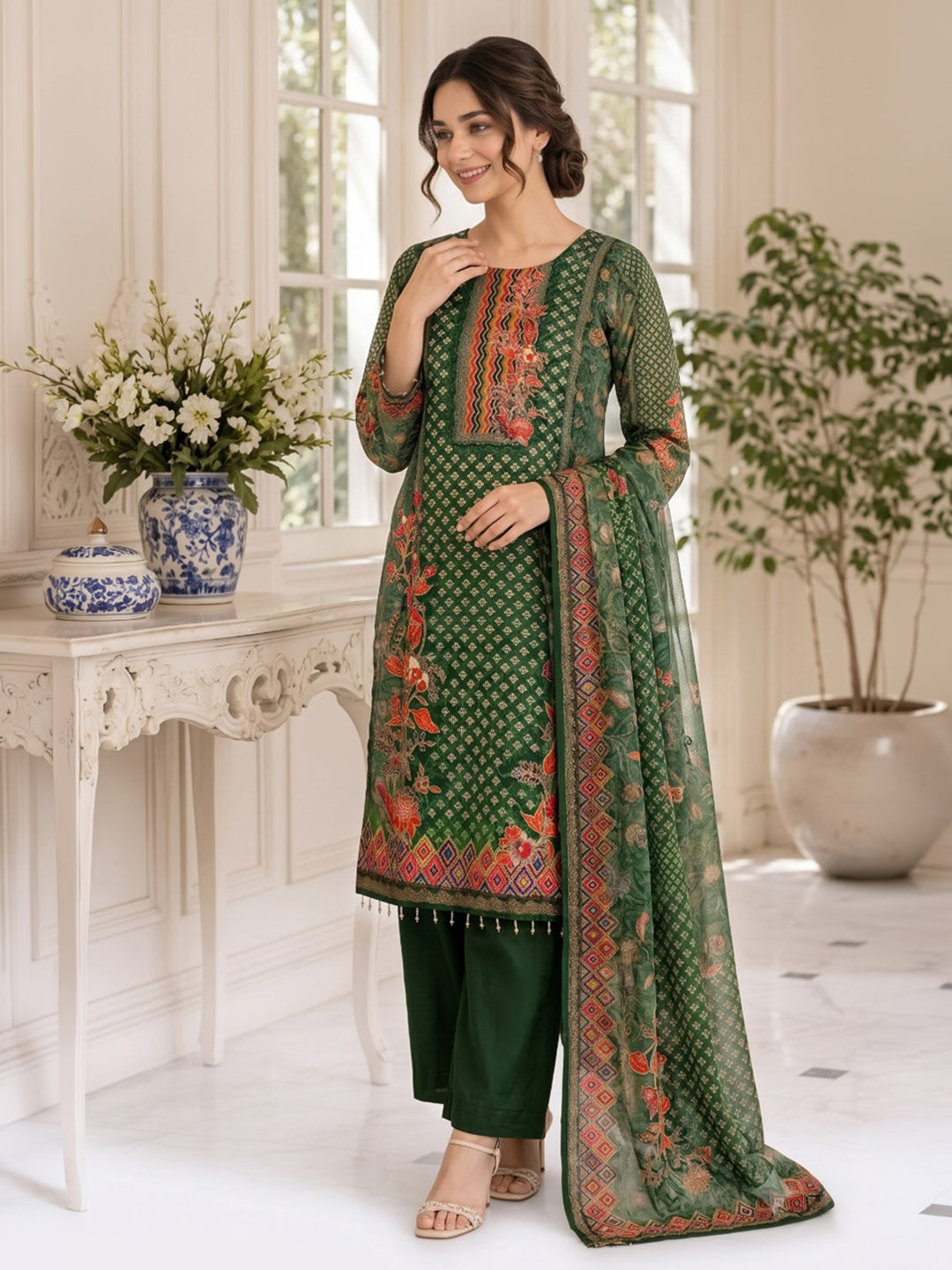 Green Printed Muslin Kurta With Pant &amp; Dupatta
