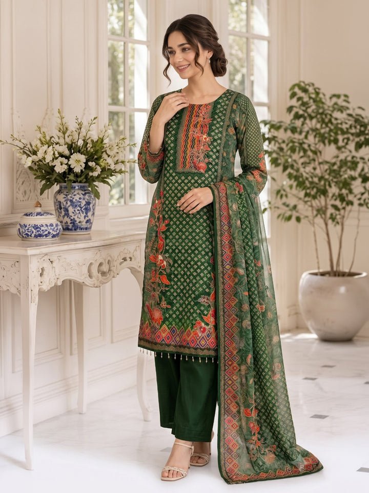 Green Printed Muslin Kurta With Pant &amp; Dupatta