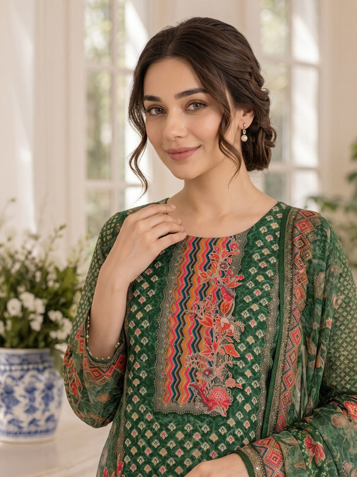 Green Printed Muslin Kurta With Pant &amp; Dupatta