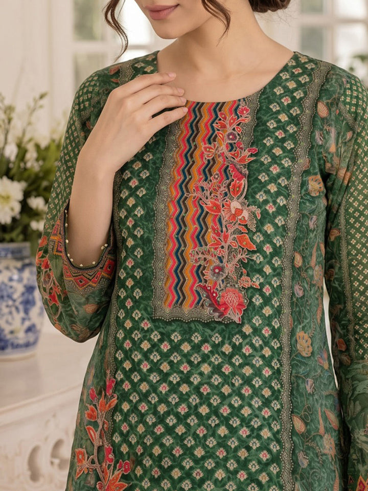 Green Printed Muslin Kurta With Pant &amp; Dupatta