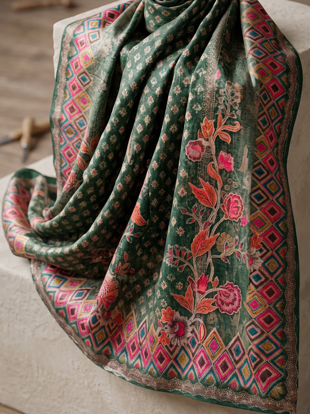 Green Printed Muslin Kurta With Pant &amp; Dupatta