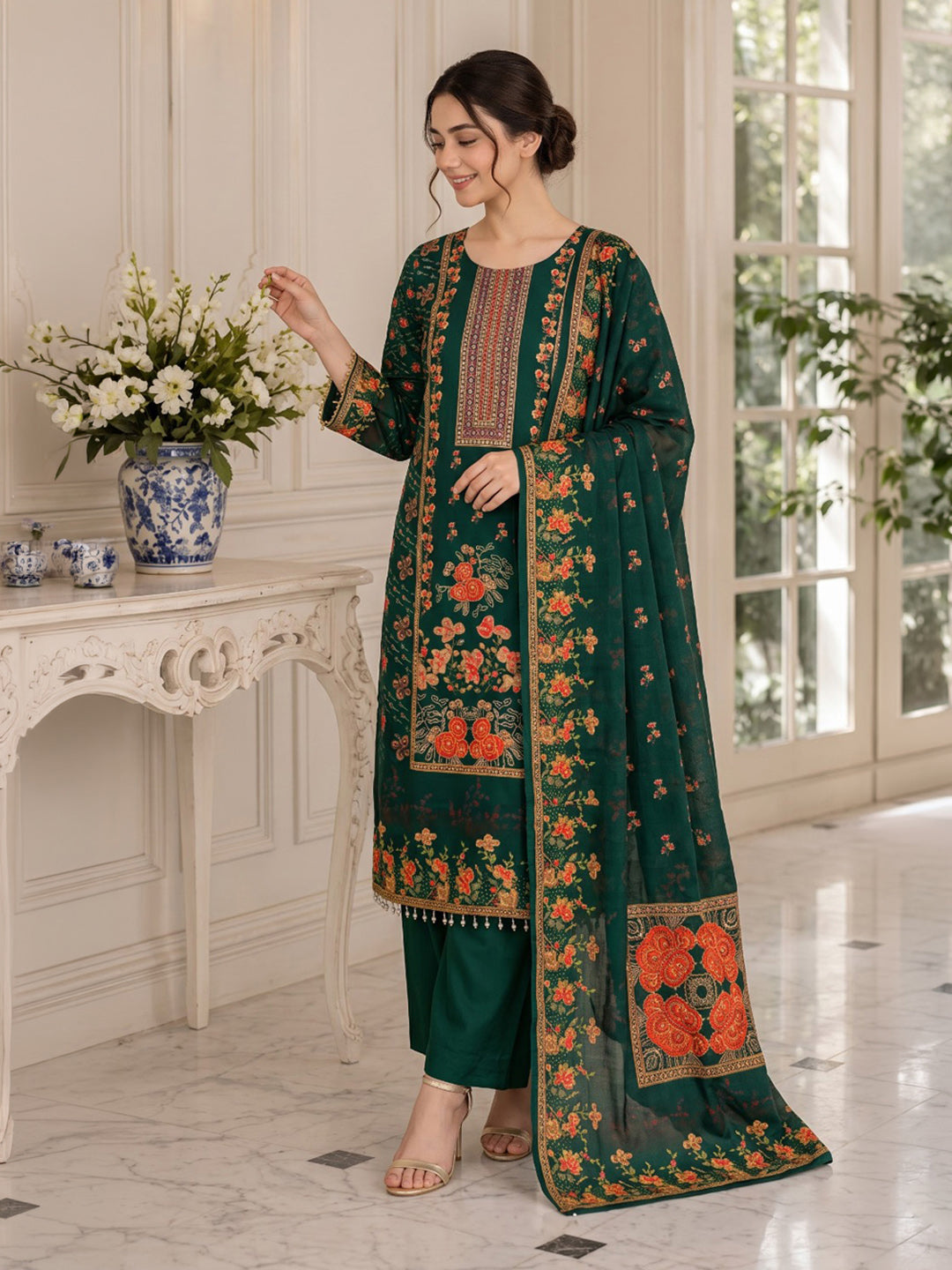 Green Printed Muslin Kurta With Pant &amp; Dupatta