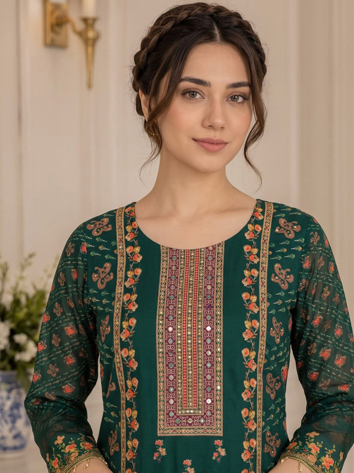 Green Printed Muslin Kurta With Pant &amp; Dupatta