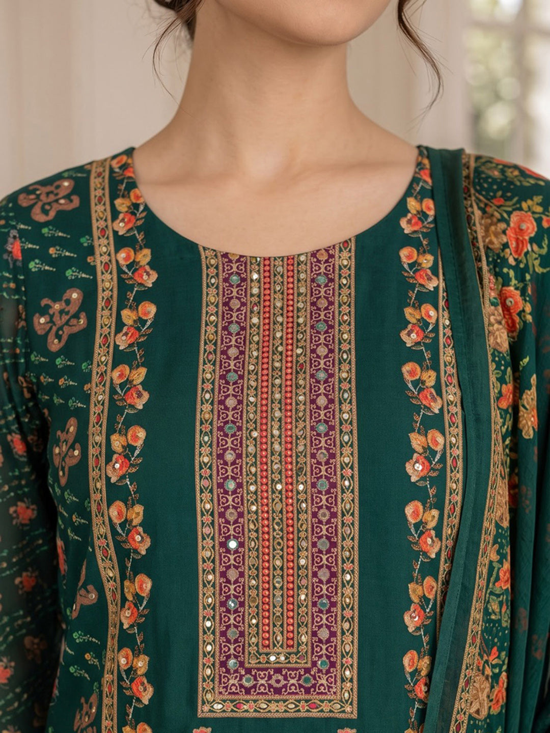 Green Printed Muslin Kurta With Pant &amp; Dupatta
