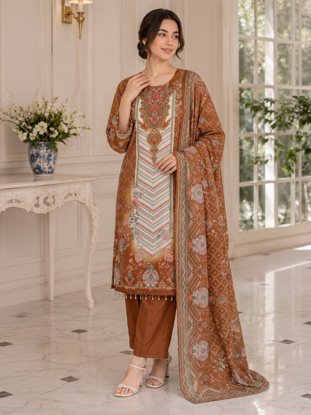 Brown Printed Muslin Kurta With Pant &amp; Dupatta